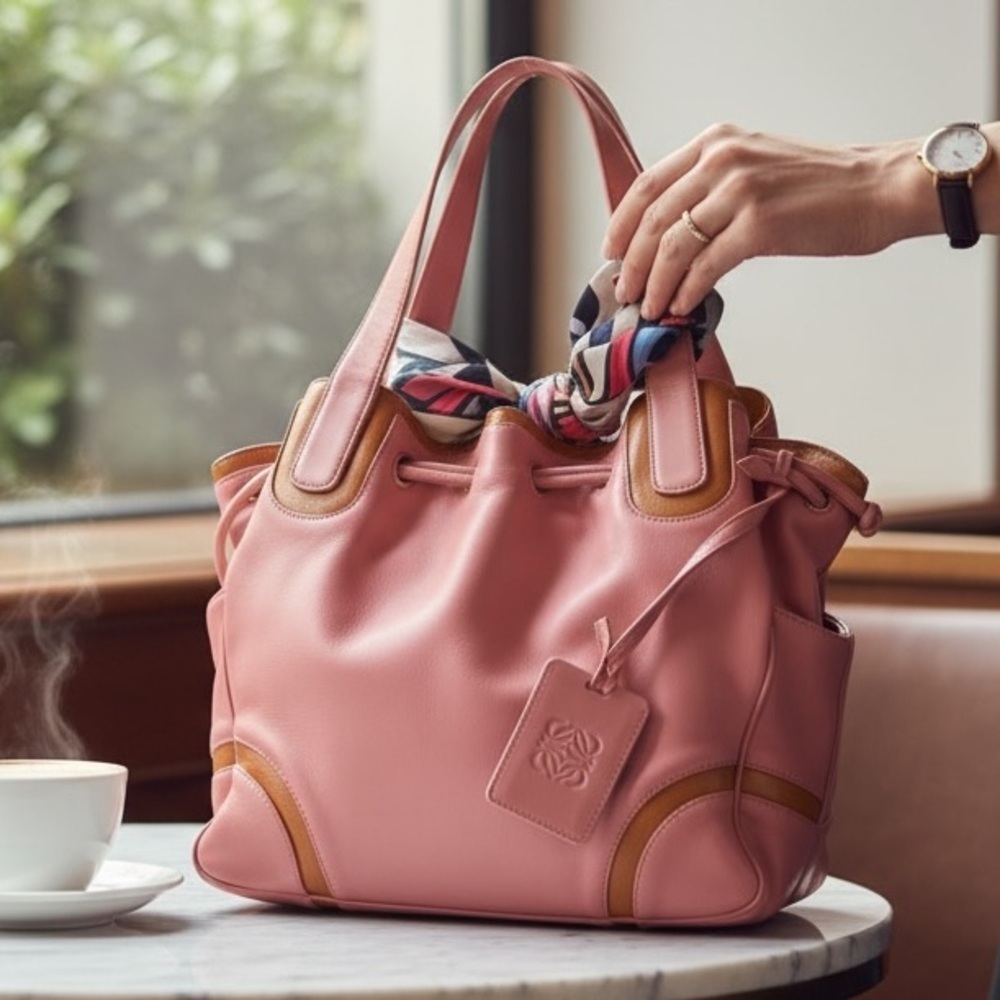 LOEWE ANAGRAM AUTHENTIC PINK SOFT LEATHER DRAW STRING SHOULDER HANDBAG - Picture 2 of 12